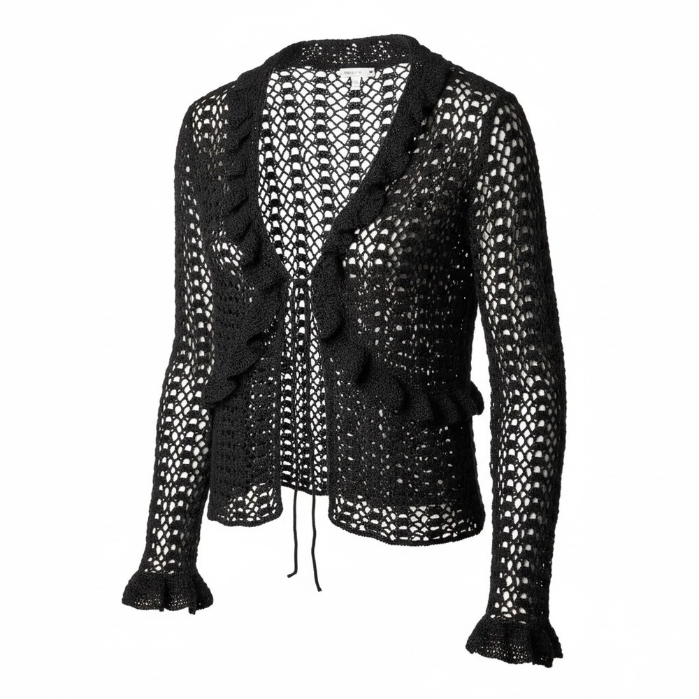 Gothic Witchy Mob Wife Black Crochet Open Knit Cardigan Bell Sleeve Large